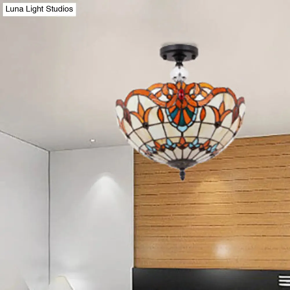 Traditional Tiffany Stained Glass Ceiling Lamp - Scalloped Semi Flush, 12" or 16" - Bronze Finish with Leaf, Victorian, and Circle Pattern - Ideal for Foyer