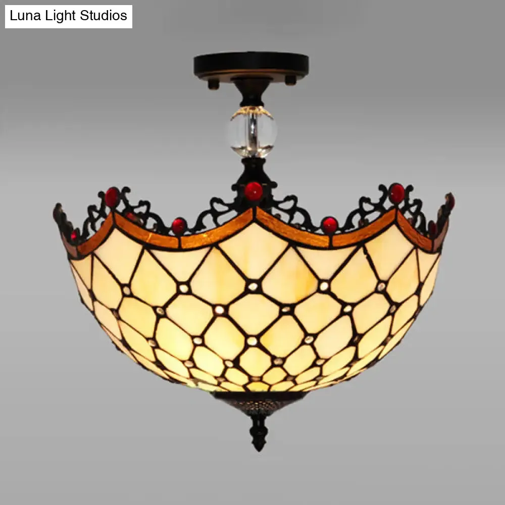 Traditional Tiffany Stained Glass Ceiling Lamp - Scalloped Semi Flush, 12" or 16" - Bronze Finish with Leaf, Victorian, and Circle Pattern - Ideal for Foyer