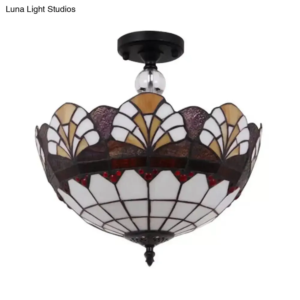 Traditional Tiffany Stained Glass Ceiling Lamp - Scalloped Semi Flush, 12" or 16" - Bronze Finish with Leaf, Victorian, and Circle Pattern - Ideal for Foyer