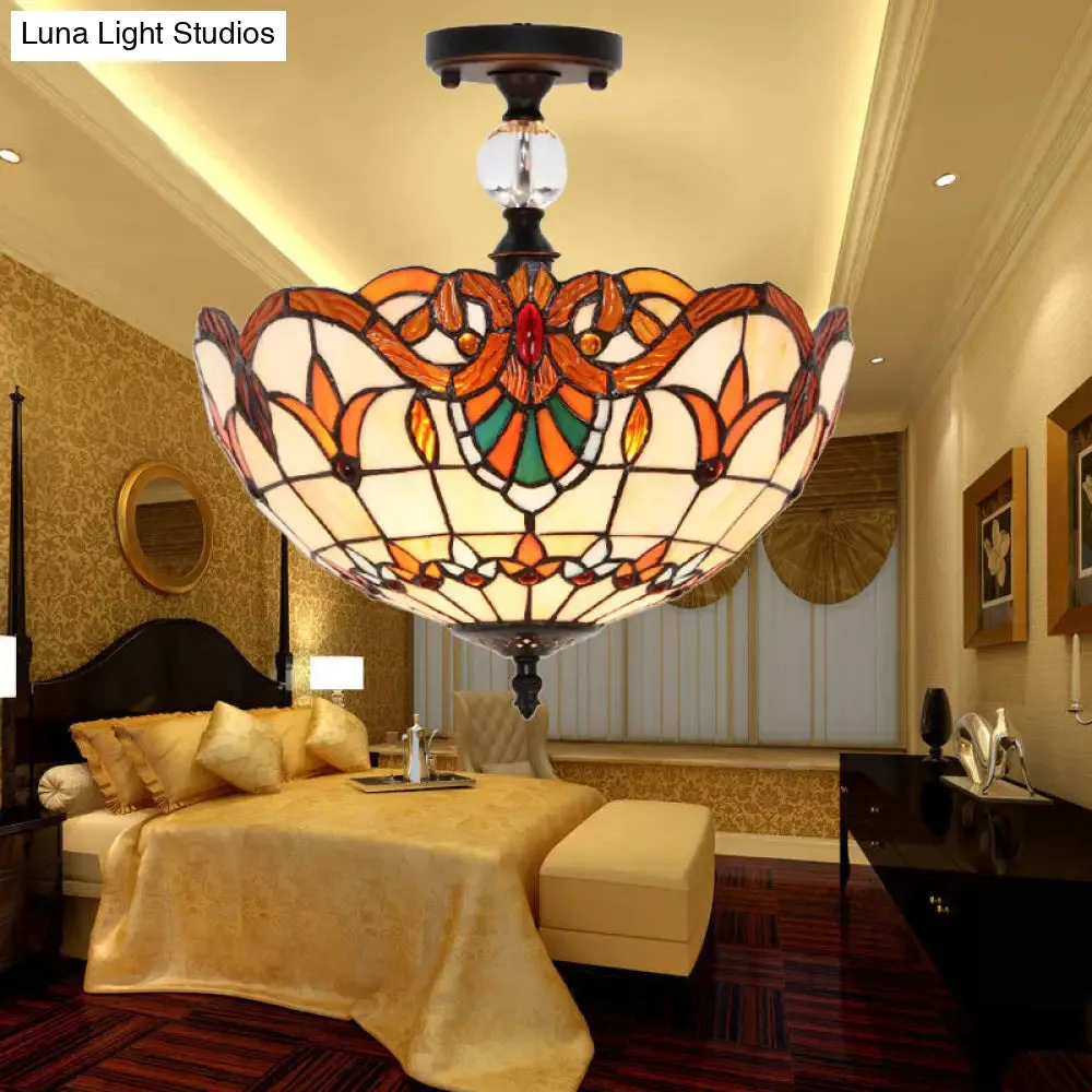 Traditional Tiffany Stained Glass Ceiling Lamp - Scalloped Semi Flush, 12" or 16" - Bronze Finish with Leaf, Victorian, and Circle Pattern - Ideal for Foyer