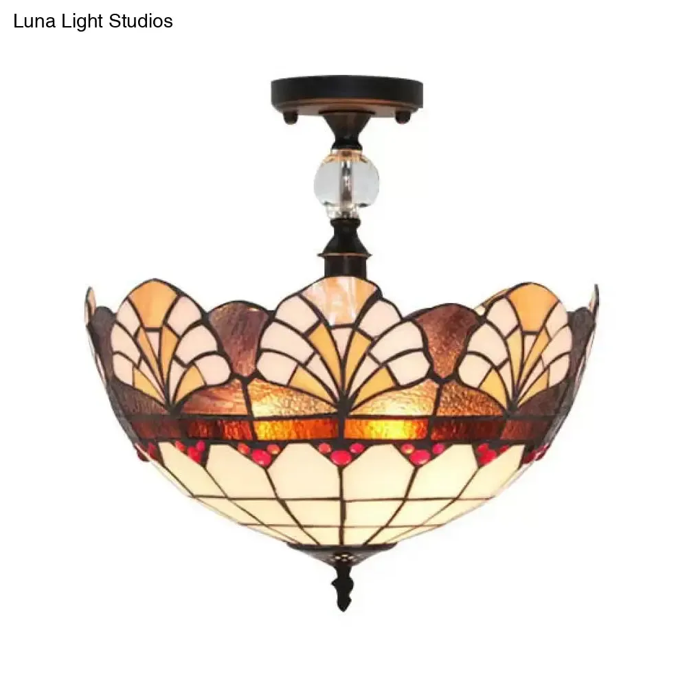 Traditional Tiffany Stained Glass Ceiling Lamp - Scalloped Semi Flush, 12" or 16" - Bronze Finish with Leaf, Victorian, and Circle Pattern - Ideal for Foyer