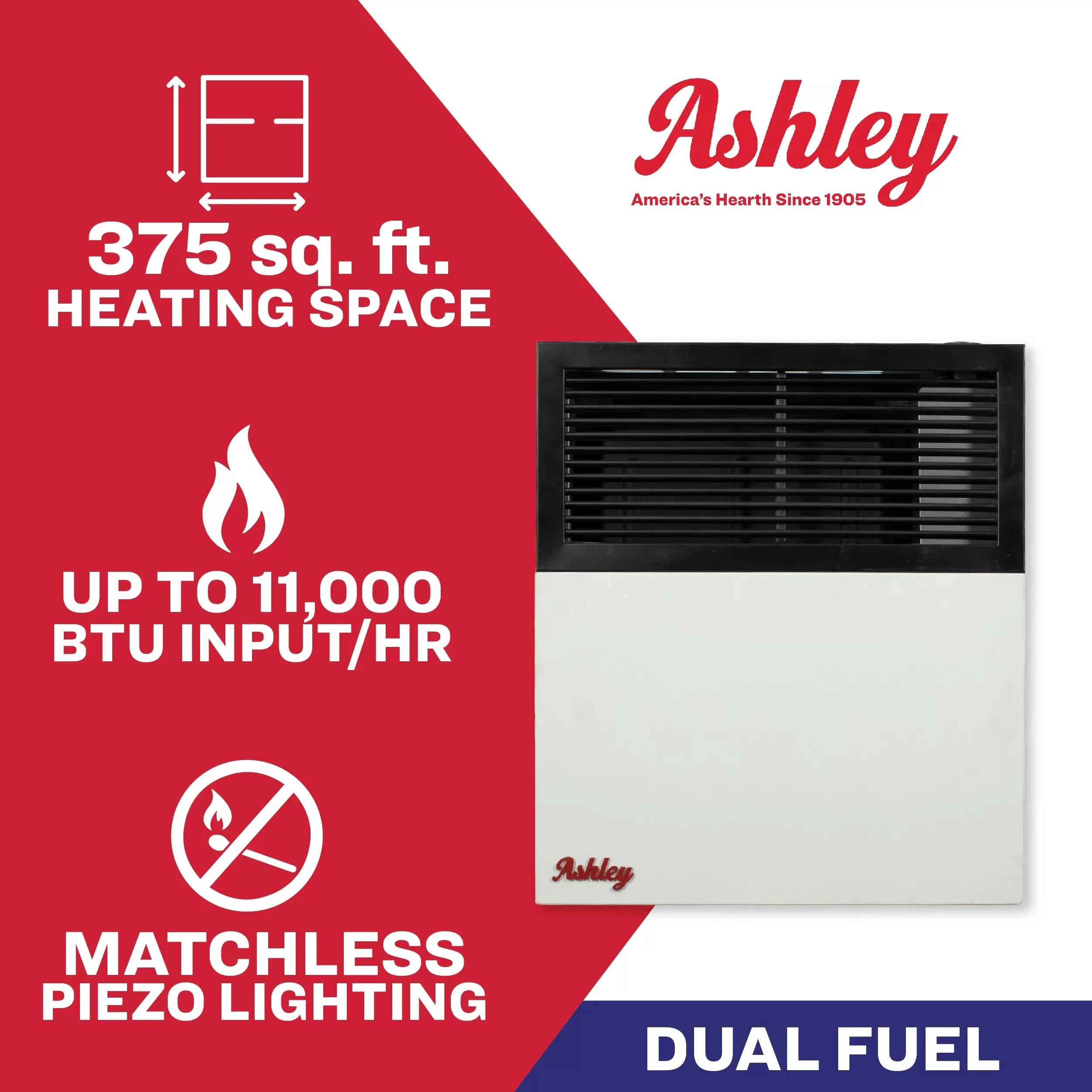 US Stove Ashley DVAG11-DF Wall Heater Dual Fuel Direct Vent 375 sq. ft. 11,000 BTU Furnace New